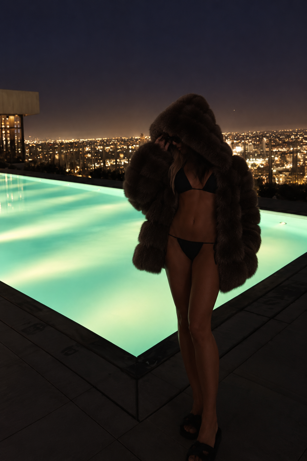 Woman in fur coat and bikini by rooftop infinity pool at night