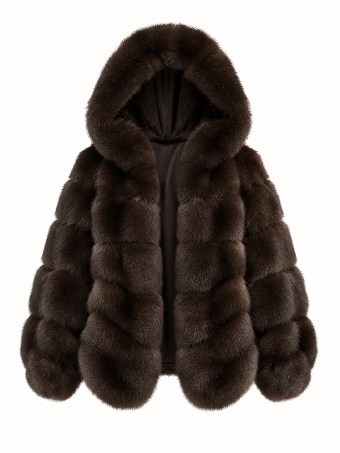 Luxury Dark Brown Hooded Faux Fur Coat